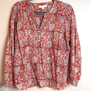 Pure Jill J. Jill Cotton Red Paisley Popover Long Sleeve Top, Size Medium, GUC